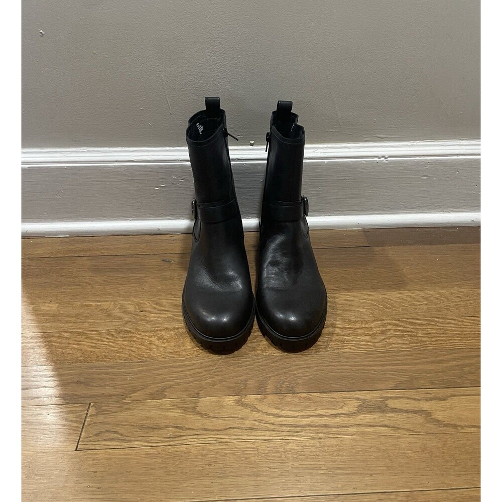 Lucky Brand Kurtia Black Leather Block Heel Motorcycle Boots Women 10 Buckle Zip - Picture 2 of 7